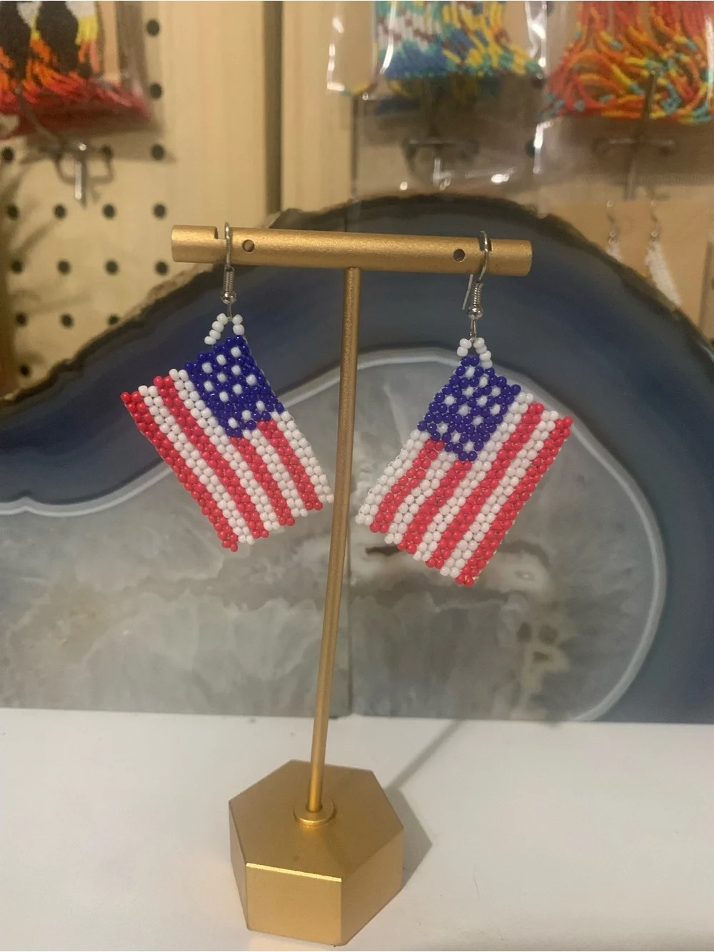 Handcrafted Beaded American Flag Dangle Earrings - Red, White & Blue